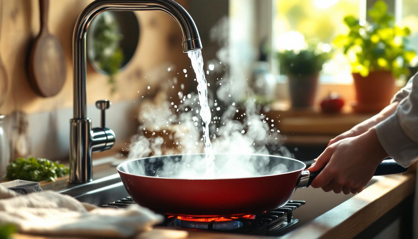 ontdek waarom het afspoelen van een hete pan met koud water je kookgerei kan beschadigen en leer de juiste manier om je pannen te verzorgen voor een langere levensduur.